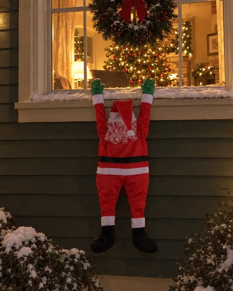 Climbing Santa hanging below a lit front window